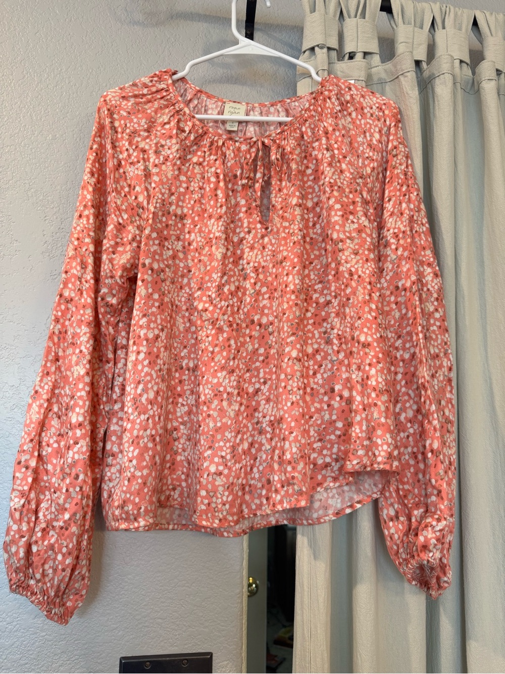 Coral Ditsy Floral Peasant Blouse with Tie Neck
